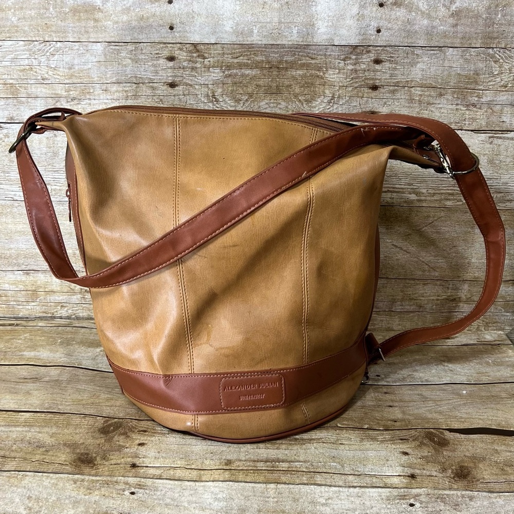 Alexander Julian Womenswear Two Tone Brown Tan Leather‎ Bucket Bag Crossbody